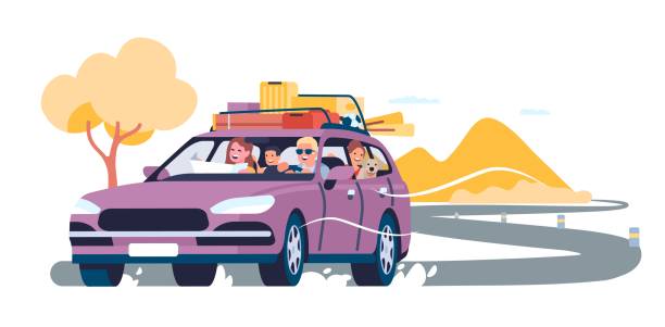 Summer travel by car. Family auto vacation. Road trip. Holiday transport driving. Baggage on vehicle roof. Automobile tourism. Adventure journey. Parents with children. Vector concept vector art illustration