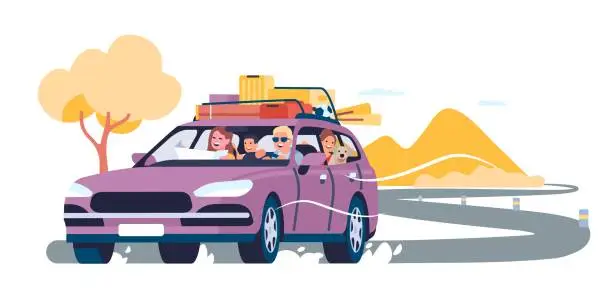 Vector illustration of Summer travel by car. Family auto vacation. Road trip. Holiday transport driving. Baggage on vehicle roof. Automobile tourism. Adventure journey. Parents with children. Vector concept