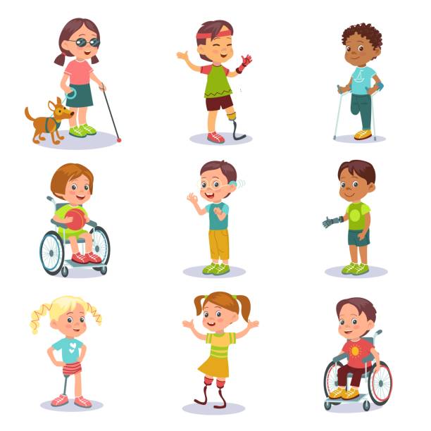 Disability kids. Little disabled boys and girls. Teens with prosthetics and crutches. Paralyzed child in wheelchair. Handicapped persons. Guide dog. Blind or deaf. Splendid vector set vector art illustration