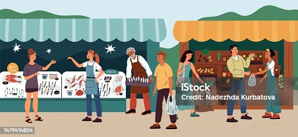 istock Street markets people. Fair visitors inspect food trays. Making purchases. Men and women buying seafood. Persons paying for vegetables and fruits. Outdoor kiosks. Garish vector concept 1479414804