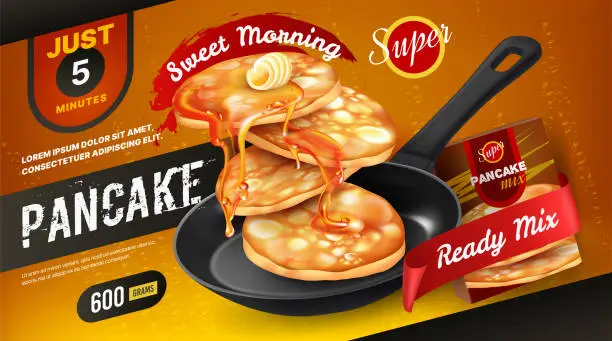 Vector illustration of Delicious pancake food, waffle ad. Flying box of honey and snacks, fruit brunch, realistic strawberry dessert in frying pan. Packaging product 3d elements. Vector advertising exact template