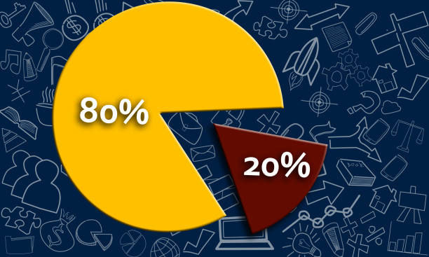 An illustration of a pie chart with eighty and twenty percentage on a blue background with different icons on it