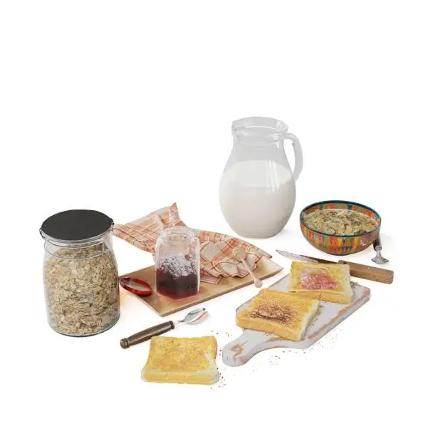 Many 3D food & drink items shown: bread, cereal, jam