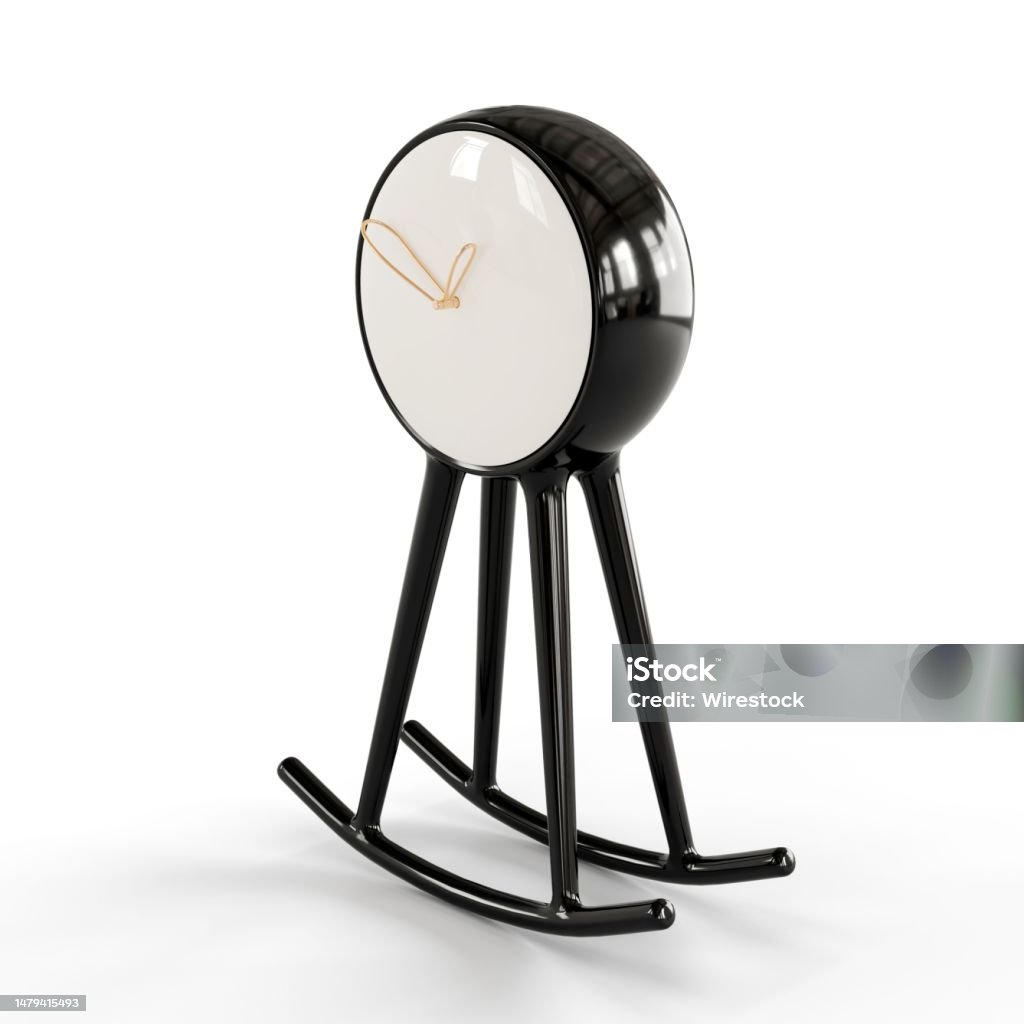 a small black and white clock with black legs, 3d rendering Small black & white clock with black legs, 3D render Abstract Stock Photo