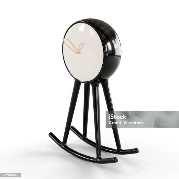 A Small Black And White Clock With Black Legs 3d Rendering Stock Photo - Download Image Now