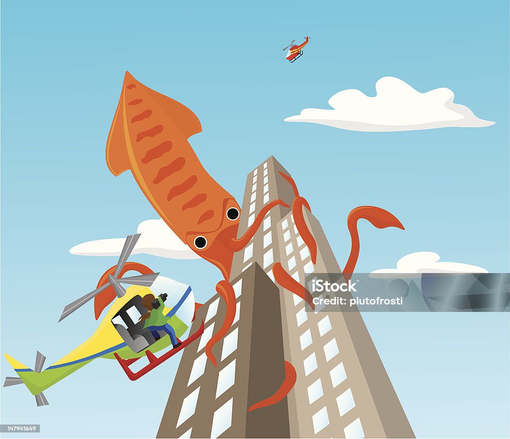 Calmar géant attaques les gratte-ciel - clipart vectoriel de Calamar de Humboldt libre de droits