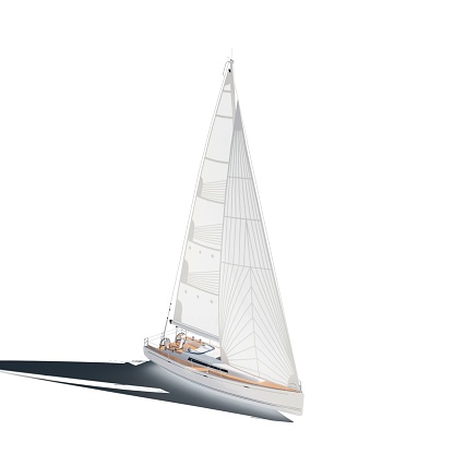 A 3D rendering of a sailboat miniature isolated on a white background
