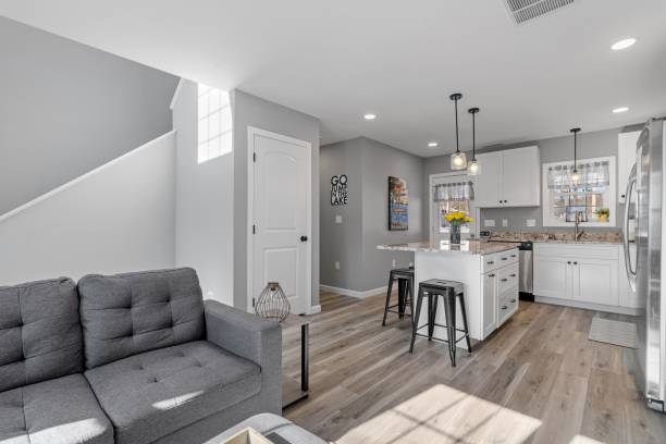 istock Studio apartment with light-colored walls separating a modern living room and kitchen 1479419439