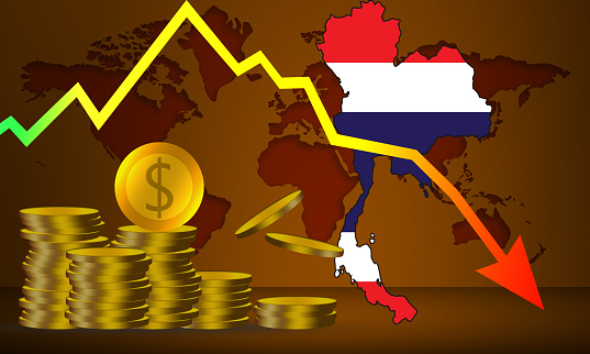 The economic crisis in Thailand with stacks of gold coins and declining arrow