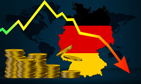 An economic crisis in Germany with stacks of gold coins and declining arrow
