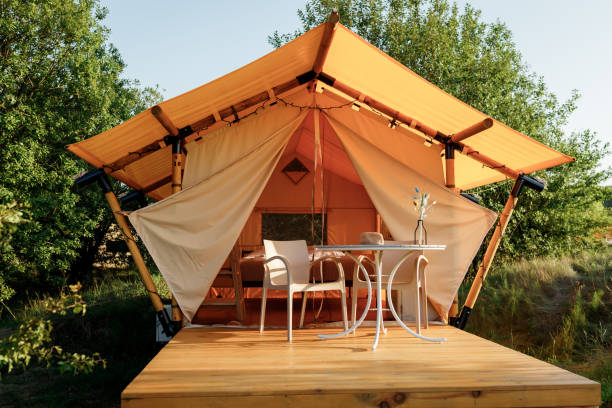 istock Cozy open glamping tent with light inside during sunset. Luxury camping tent for outdoor summer holiday and vacation. Lifestyle concept 1479423317