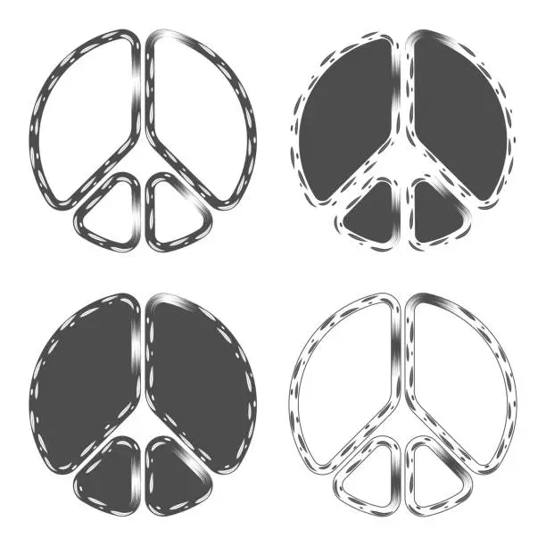 Vector illustration of Set of black and white illustrations with peace sign. Isolated vector objects.