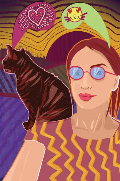 Vector illustration of Young woman and a cat