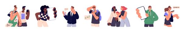 postacie używają zestawu smartfonów komórkowych. szczęśliwi i smutni użytkownicy smartfonów. ludzie trzymający telefony komórkowe w ręku, rozmawiający, dzwoniący, pokazujący ekran. płaskie ilustracje wektorowe izolowane na białym tle - przyjaźń obrazy stock illustrations