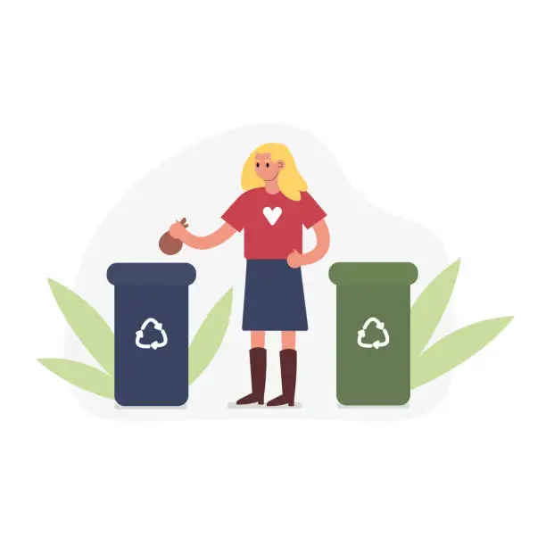 Vector illustration of Cartoon character of young woman throwing garbage into recycling bin