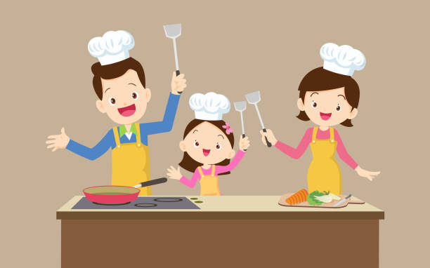 母の父と子を持つ幸せな家族 台所で料理をする男の子の女の子 - grandmother senior adult family domestic kitchen点のイラスト素材／クリップアート素材／マンガ素材／アイコン素材