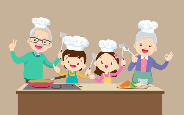 かわいい幸せな家族料理のキッチン2 - grandmother senior adult family domestic kitchen点のイラスト素材／クリップアート素材／マンガ素材／アイコン素材