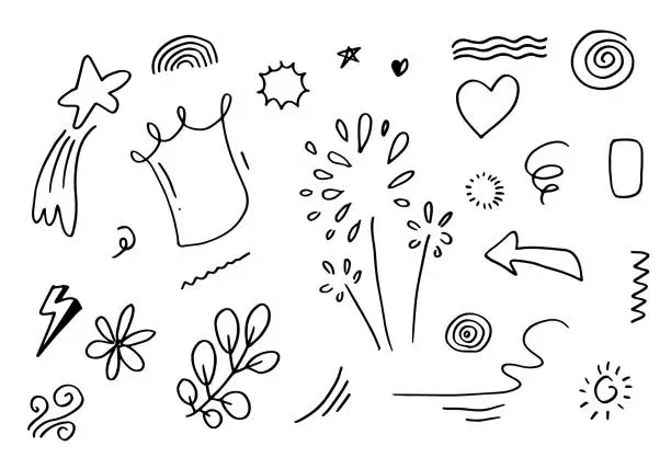 Vector illustration of hand drawn set element,black on white background.arrow,leaves,speech bubble,heart,light,king,emphasis,swirl,for concept design.