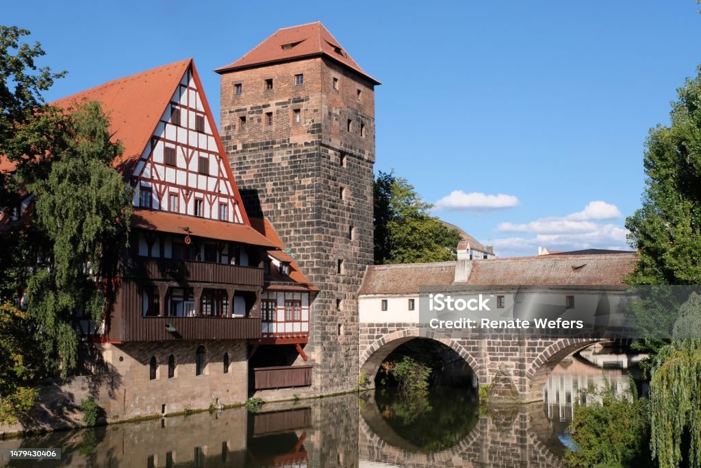 Nuremberg cityscape with river Pegnitz and Henkersteg Old town of Nuremberg Nuremberg Stock Photo