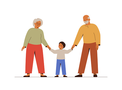 Grandparents hold their grandson by hands. Happy senior couple walk together with a baby child. Elderly Man and woman care about small grandboy. Generation relationship concept. Vector illustration