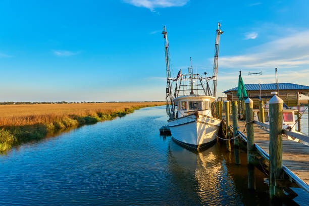 coucher de soleil avec un crevettier le long d’un quai à tybee island, en géorgie. - patrick quay photos et images de collection