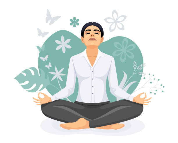 медитирующая женщина смотрит на голубое небо0. иллюстраци�я концепции медитации. - yoga women emotional stress praying stock illustrations