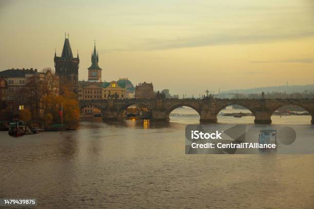 Landscape With Vltava River Karlov Most And Boat Stock Photo - Download Image Now - Architectural Dome, Architecture, Aura