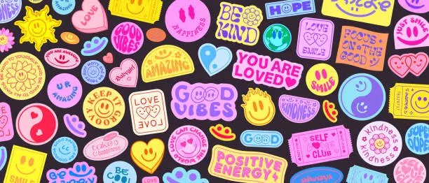 Vector illustration of Cool Groovy Stickers Background. Y2k Patches Collage. Pop Art Illustration Vector Design. Funky Pattern.