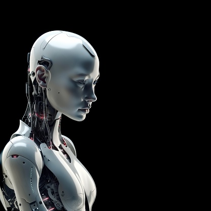Portrait of a female cyborg humanoid robot on a black background. 3d render
