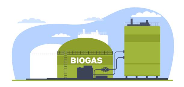 ilustrações de stock, clip art, desenhos animados e ícones de biogas plant, green energy, alternative diesel. environmental care, eco bio petroleum on gas station, renewable source, biofueling storage. cartoon flat illustration. vector concept - gasoline electricity biofuel car