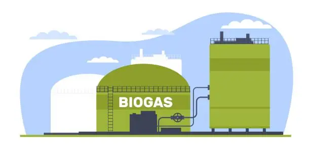 Vector illustration of Biogas plant, green energy, alternative diesel. Environmental care, eco bio petroleum on gas station, renewable source, biofueling storage. Cartoon flat illustration. Vector concept