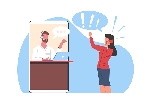 Bad review, woman makes bad customer service review. Angry girl shouting in smartphone. Negative feedback. Dissatisfaction of product cartoon flat style isolated illustration. Vector complaint concept