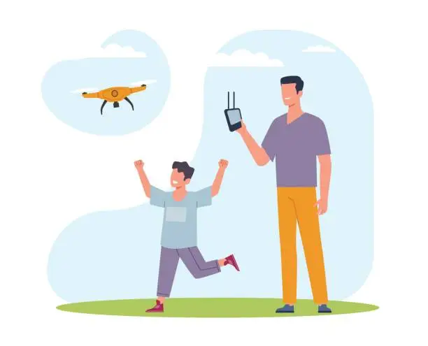 Vector illustration of Father and son launch drone in wild. Outdoor recreation leisure for family. Quadcopter electronic technology, flying vehicle gadget with propeller. Cartoon flat illustration. Vector concept