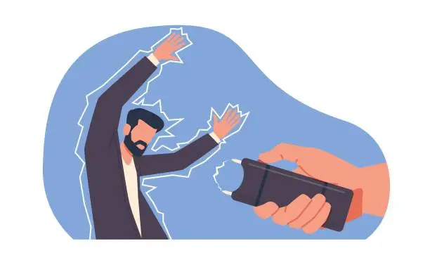 Vector illustration of Hand holding stun gun, hit a person stun device, weapon for self defense. Protection from criminal. Electroshock weapon for defense, high voltage. Cartoon flat illustration. Vector concept