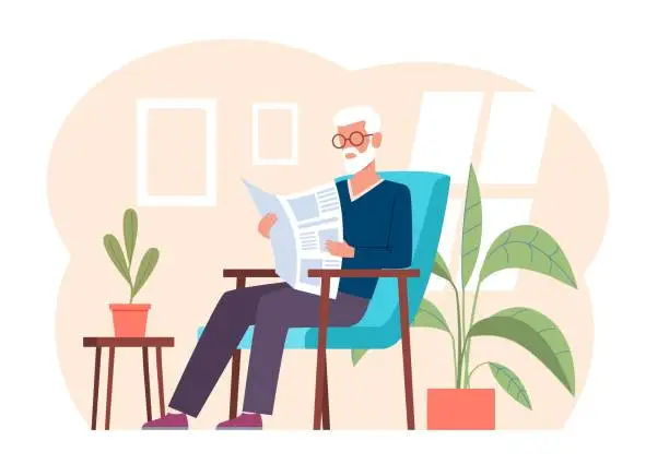 Vector illustration of Old man with glasses sits in an armchair and reads newspaper. Leaving room home interior, pensioner lifestyle, senior age people. Grandfather cartoon flat illustration. Vector concept