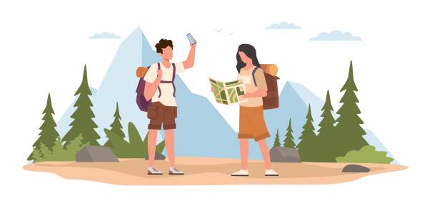 男と女は森の中で迷子になり、地図と衛星ナビゲーションの助けを借りて道順を検索します。森の中でハイキングをする若い観光客。アクティブなライフスタイル漫画フラットイラスト。ベ� - 野生動物旅行点のイラスト素材／クリップアート素材／マンガ素材／アイコン素材