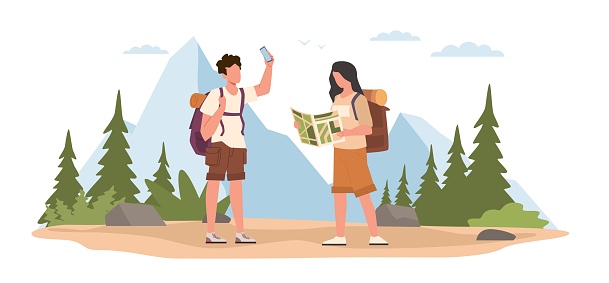 Guy and girl get lost in woods and search for directions with help of map and satellite navigation. Young tourists hiking in forest. Active lifestyle cartoon flat style illustration. Vector concept