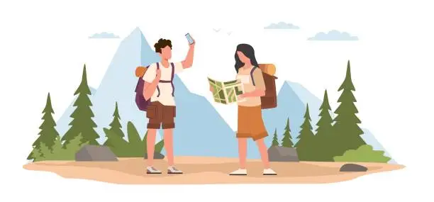 Vector illustration of Guy and girl get lost in woods and search for directions with help of map and satellite navigation. Young tourists hiking in forest. Active lifestyle cartoon flat illustration. Vector concept