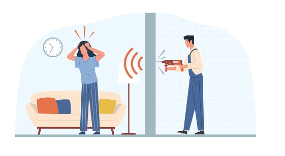 Woman suffers from unbearable noise due to repairs in apartment next door. Man drilling wall, noisy neighborhood. Home renovation, construction worker cartoon flat style illustration. Vector concept