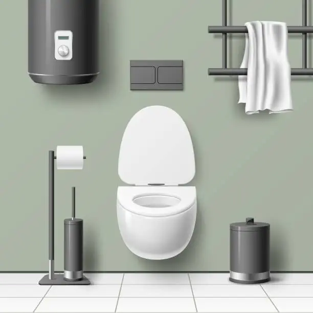 Vector illustration of Realistic toilet interior. Minimal design, porcelain toilet bowl, black boiler, heated towel rail and paper holder, 3d isolated objects, modern wc interior, lavatory room, utter vector concept