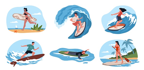 Surfers characters. People on boards dissect sea and ocean waves, beach sport, extreme athletes, profession and hobby, men and women on tropical resort doing water activities, nowaday vector set
