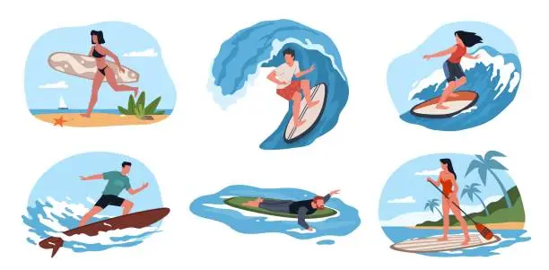 Vector illustration of Surfers characters. People on boards dissect sea and ocean waves, beach sport, extreme athletes, profession and hobby, men and women on tropical resort water activities, nowaday vector set