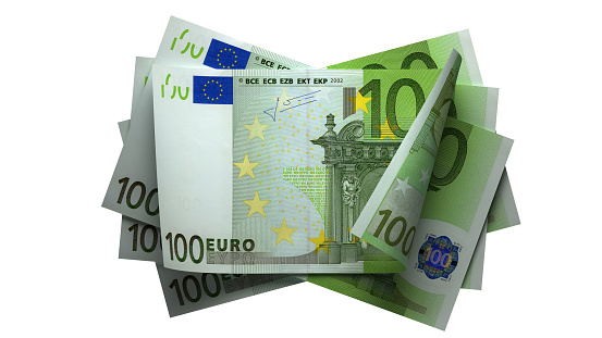 Euro banknotes, European currency money banknotes isolated on white backdrop. Top view closeup. Salary, savings, european union economic crisis concept.
