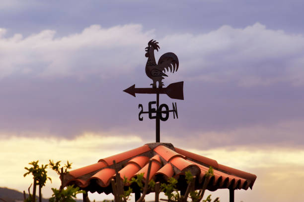 Close up of weathervane in rooster shape silhouetted on a rooftop, sunset sky in the background with copy space. Allariz, Ourense province, Galicia, Spain.