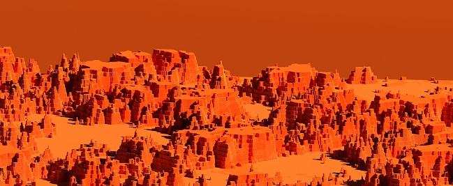 Red desert mountainous abstract landscape. Colorful weathered hills with yellow hot sand and orange sky. Colorful day in parched martian panorama