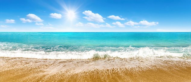 Perfect white sand beach and turquoise tropical sea with clear sky