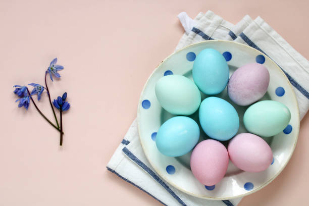istock Easter background, colorful eggs on a plate with polka dots and spring flowers. 1479452453