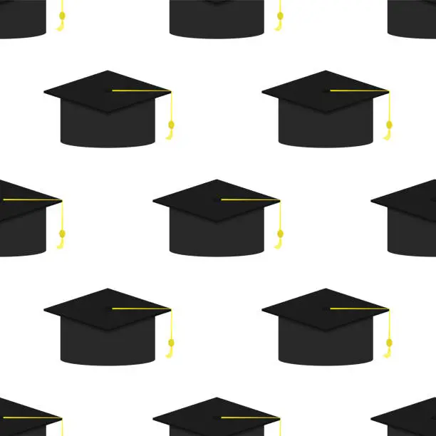 Vector illustration of Seamless pattern with graduate hat. Background texture on the theme of education. Graduation from college or university. MBA or bachelor degree.