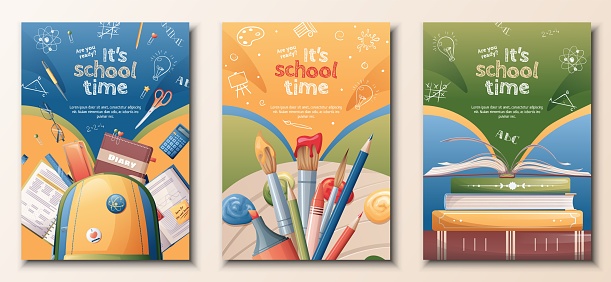School banners set. Back to school, knowledge, education. Posters with school textbooks, books, backpack, paints. Vector set of a4 size flyers