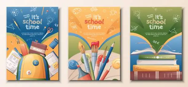 Vector illustration of School banners set. Back to school, knowledge, education. Posters with school textbooks, books, backpack, paints. Vector set of a4 size flyers.